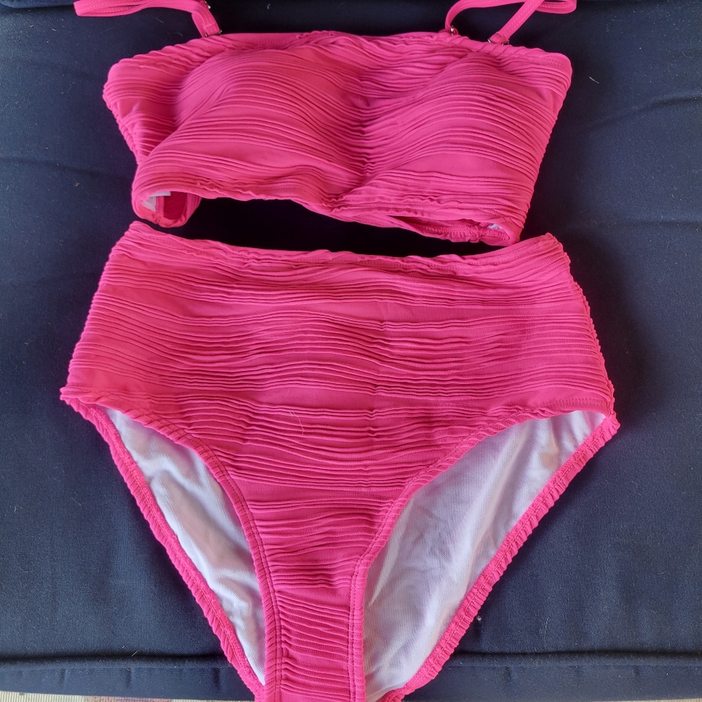 Bright pink 2 piece hig waisted bikini removable straps bandeau Med